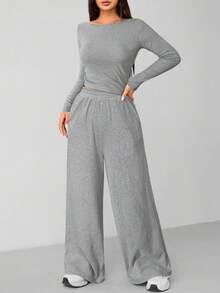 SHEIN PETITE Bộ đồ hai mảnh màu xám đậm mặc nhà thoải mái và dễ chịu cho nữ mùa thu đông áo len mỏng + quần ống rộng - Xám - Xem 4