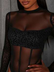 Slaydiva New Spring/Summer Music Festival Valentine's Day Casual Simple Basic Style Y2K Street Sweet Internet Celebrity Bestseller Daily Date Hot Girl Style Sexy See-Through Small Stand-Up Collar Long-Sleeved Leopard Print Patchwork Mesh Slim Fit Women's Jumpsuit Sexy Bodysuit Women Bodysuits Mesh Bodysuit Mesh Swimsuit - Black - View 14