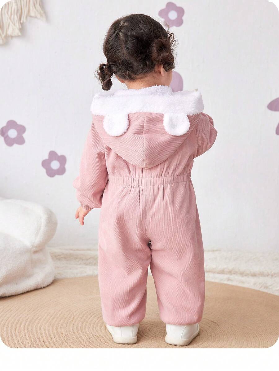 Baby Girls' Thermal Lined Corduroy Hooded Jumpsuit , Colorblock, Pink, Warm Casual Winter Outfit For Everyday Wear & Outdoor Play - Pink - View 1