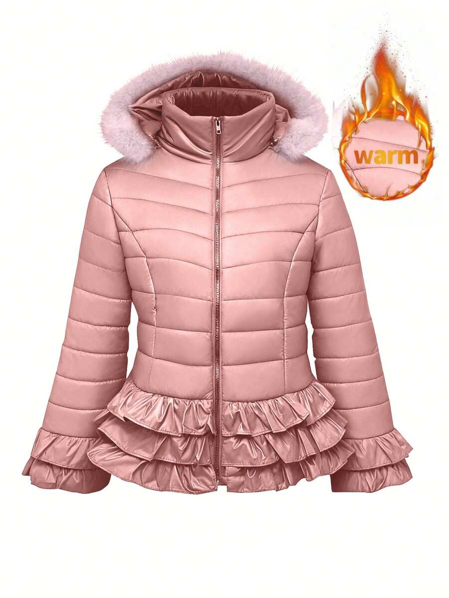 Maweii Plus Size Women Stand Collar Ruffle Trim Zip-Up Hooded Padded Coat, Suitable For Winter Outings, Snowy Season, And Commuting - Pink - View 1