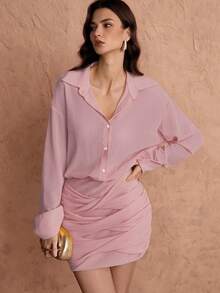 Chiquease 女士休闲/办公通勤简约纯色落肩宽松褶裥修身短款衬衫裙，春秋季