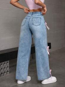 SHEIN ICON 女士蝴蝶结装饰口袋阔腿宽松休闲牛仔裤 - 淺色水洗藍 - 查看 2