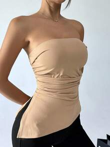 Comfortcana Women's Solid Color Pleated Strapless Top,Ladies Casual Ruched Strapless Slim Fit Khaki Plain Women Tops,Spring/Summer,Casual Daily Wear - Khaki - View 4