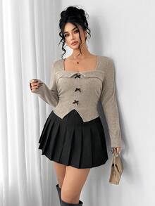 Elenzga 秋季加大码休闲修身T恤，饰有蝴蝶结 - 杏色 - 查看 4