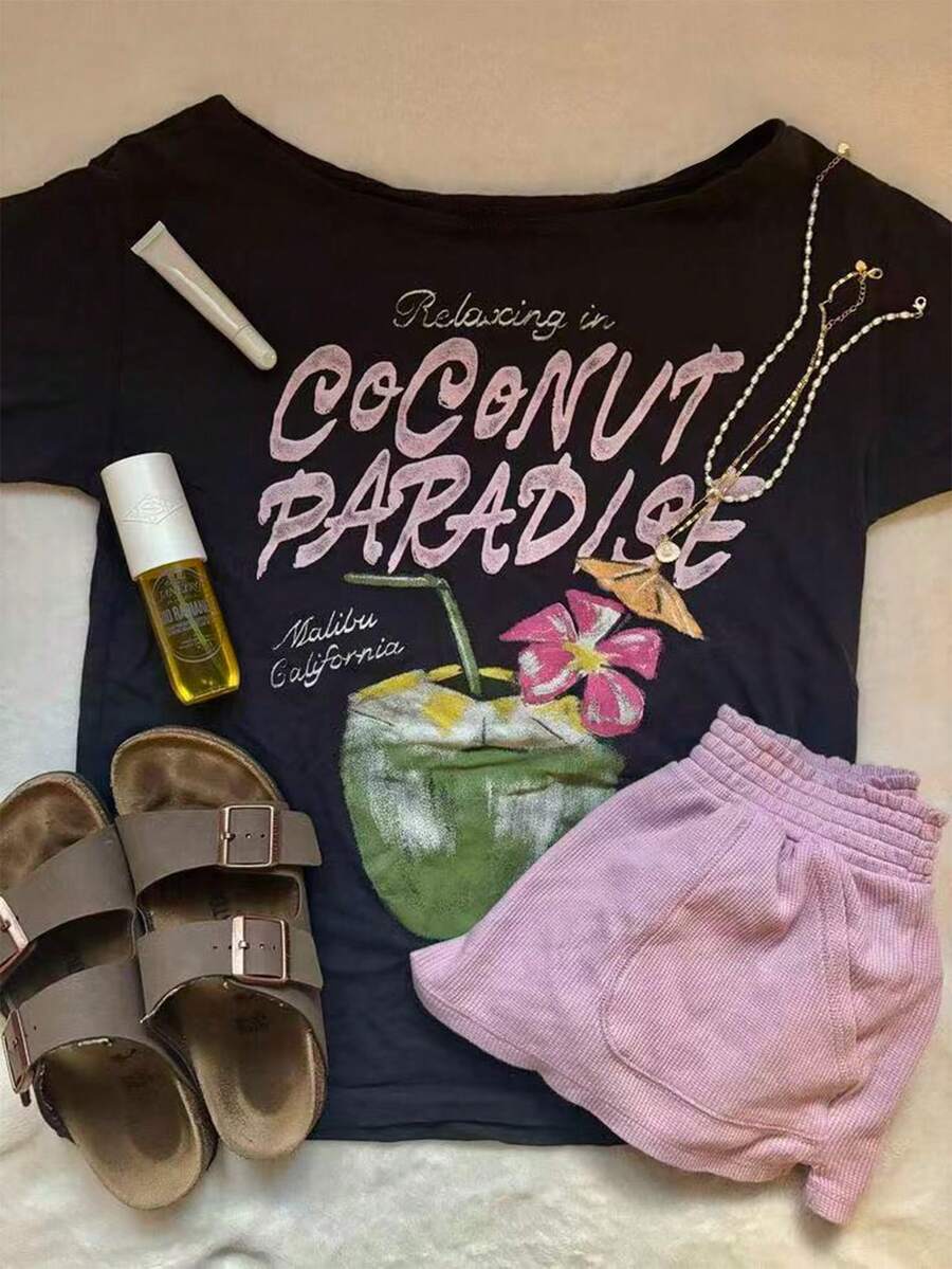 Glimmora Women's Letter Print Round Neck Short Sleeve Casual Versatile T-Shirt - Black - View 1