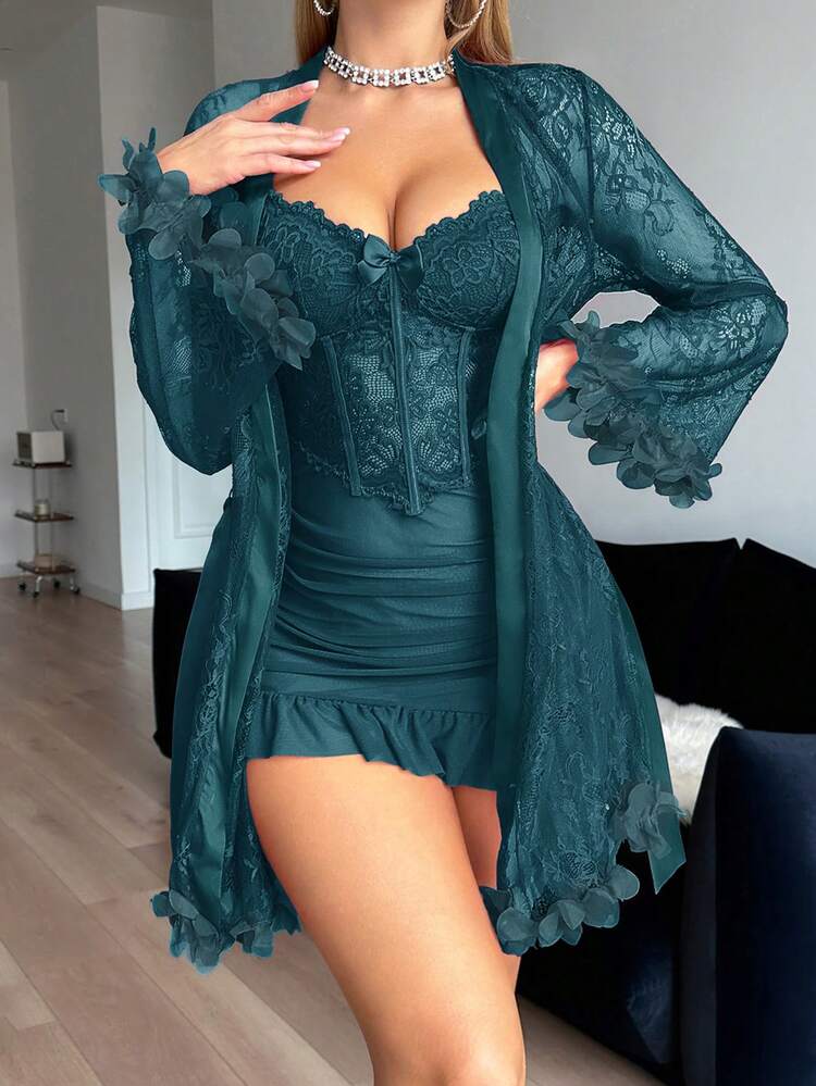 Set de 2 piezas: Bata de encaje floral 3D + Camisón de encaje con diseño de cintura de espina de pescado - Agua verde azul - Añade 3