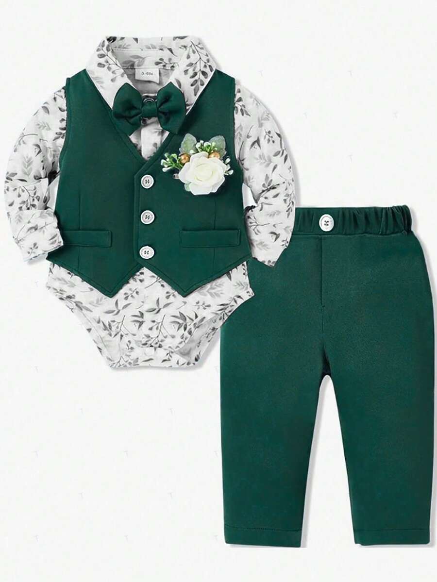 Souflis Souflis 3pcs Baby Boy Gentleman Suit, Long Sleeve Vest Jacket Set, Autumn Winter - Dark Green - View 1