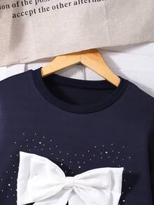 SHEIN 少女3D蝴蝶结装饰水钻长袖卫衣和蛋糕裙套装，适合日常休闲穿着和学生装扮。 - 藏蓝色 - 查看 6