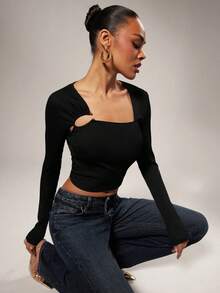 Hauture Women's Ribbed Hollow-Out Design Fashionable Versatile Long Sleeve Casual Top - Black - View 1