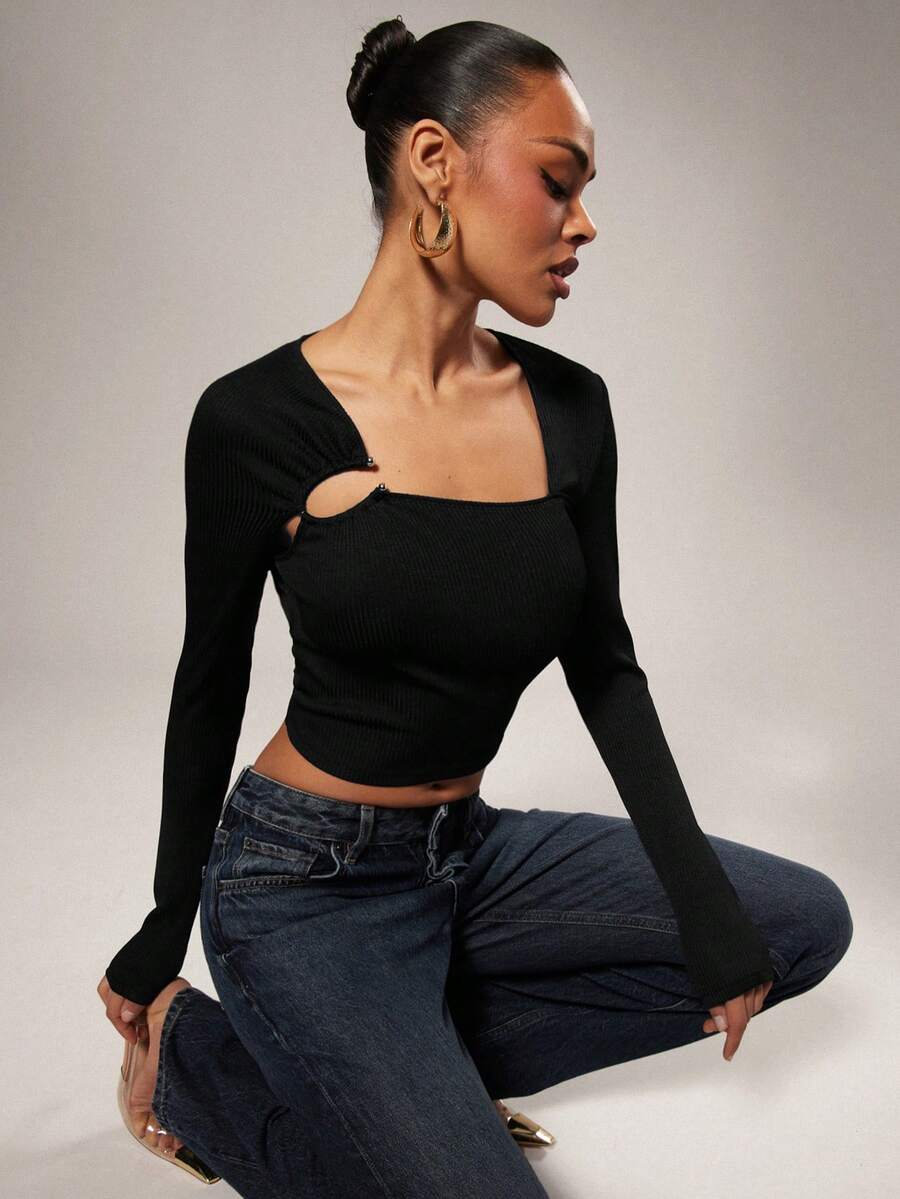 Hauture Women's Ribbed Hollow-Out Design Fashionable Versatile Long Sleeve Casual Top - Black - View 1