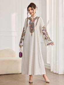 Al Najma 女士优雅时尚日常通勤连衣裙，宽松版型，花卉蕾丝饰边领口和袖口，浅色 - 杏色 - 查看 4