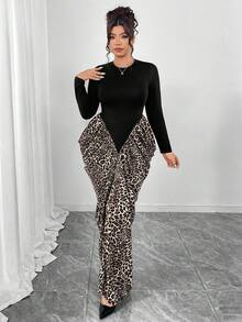Elenzga Plus Size High Neck Long Sleeve Wrap Waist V-Cut Leopard Print Pleated Fishtail Dress, Elegant For Outings, Parties, Dates, And Formal Events - Multicolor - View 5