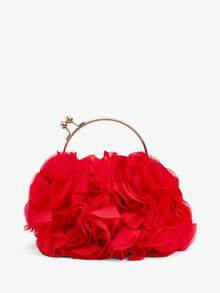 SHEIN BAE Women Elegant Floral Pleated Satin Evening Clutch Party Bag Purse Handbag– Chic Chiffon Petal Handbag With Chain Strap, Perfect For Bride, Weddings, Proms, Sorority Formals, Graduation Parties, Spring Galas, Weddings, Cocktail Events, And Special Occasions (Random Pattern) - Red - View 2