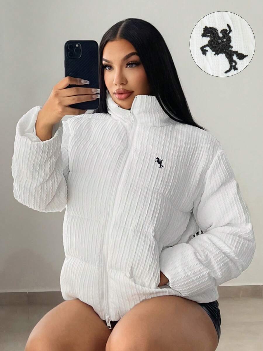 SHEIN SXY 女士休闲纹理拉链立领绗缝外套，秋冬款，白色俱乐部风，白色Y2K - 白色 - 查看 1
