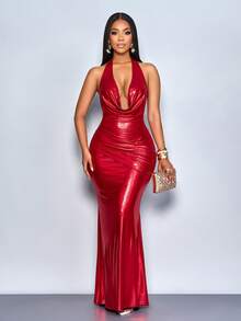 SOLERSUN فستان ماكسي مثير للنساء من قماش لامع مكشكش بياقة عميقة وظهر مكشوف، مناسب لحفلات الشاي بعد الظهر والتجمعات والخروجات الأنيقة والمواعيد والخروجات الرومانسية والخروجات الليلية وحفلات عيد الميلاد ورأس السنة والعطلات والملابس النسائية المثيرة وملابس النادي، مناسب لحفلات عيد الميلاد والعطلات وعيد الحب