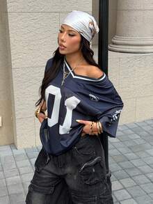 SHEIN EZwear Casual Sports Color-Block Loose Short Sleeve T-Shirt With Digital Print And Drop Shoulders - Navy Blue - View 4