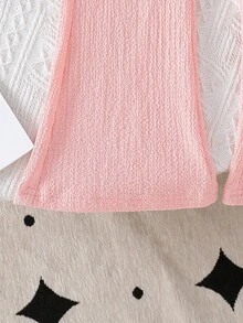 Set 2 tricou roz cu mânecă scurtă pentru fete, cu fundă neagră și pantaloni evazați cu talie elastică, primăvară/vară - Roz - Vizualizare 9