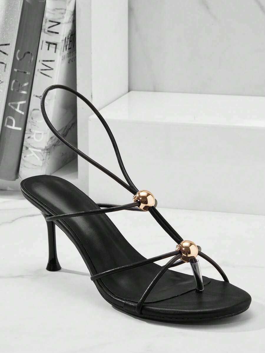 SHUZIA #GlamChic Giày cao gót quai mảnh 3 inch bằng da thuần chay màu đen đính hạt vàng dành cho nữ – Giày cao gót hiện đại, thanh lịch và tự tin. - màu đen - Xem 1