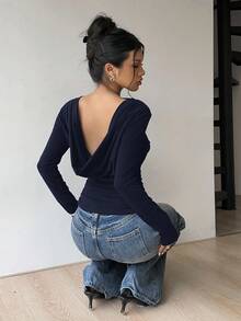 Siren Gaze Áo thun dài tay ôm dáng cổ thuyền hở lưng màu trơn đơn giản, gợi cảm, thoải mái khi đi làm hàng ngày dành cho nữ, mùa xuân/thu - Màu xanh hải quân - Xem 2