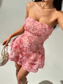 Rafferiza Romantic Tie Dye Embroidered Rose Peplum Bustier Mini Dress For Party, Birthday, Valentine's Day, Date Night - Pink - View 5