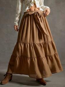 SoleilVie Bohemian Casual Multi-Layer Patchwork Flared Bow-Tie Design Women Skirt Brown Long Skirt Country Skirt Western Skirt - Brown - View 1