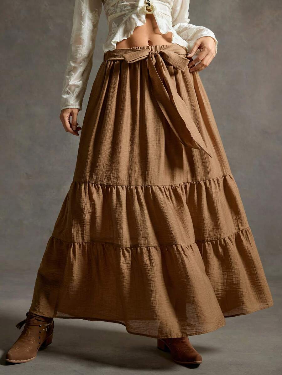 SoleilVie Bohemian Casual Multi-Layer Patchwork Flared Bow-Tie Design Women Skirt Brown Long Skirt Country Skirt Western Skirt - Brown - View 1