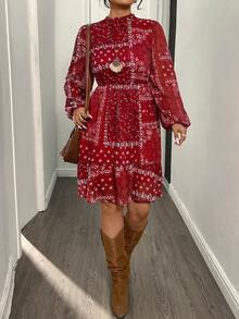 LanaWest Đầm xòe họa tiết chắp vá cổ đứng tay đèn lồng phong cách nghỉ dưỡng cỡ lớn cho nữ mùa xuân/thu - Màu Đỏ Sâu - Xem 4