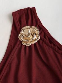 Sweetra 女士秋冬咖啡色金属花朵装饰无袖上衣和鱼尾裙两件套 - 酒紅色 - 查看 4