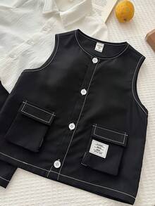 3pcs/Set Young Boy Korean Style Casual Collared Short Sleeve Shirt, Contrast Stitching Loose Vest, And Elastic Waist Shorts Set, Suitable For Commuting, School, Daily Leisure - Black and White - View 4