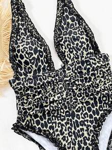 Swim SXY Bonvoyette-D Random Leopard Print Deep V-Neck Tie-Knot Ruched Mesh Trim Sexy Casual Swimsuit One-Piece For Women, Spring/Summer - Multicolor - View 3