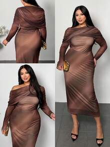 SHEIN Privé Đầm Maxi Tay Dài Ôm Sát, Họa Tiết Lưới Nhuộm, Dáng Rộng, Không Đối Xứng, Sang Trọng, Lãng Mạn, Cỡ Lớn, Dành Cho Nữ, Mùa Thu/Đông - Nhiều màu - Xem 1