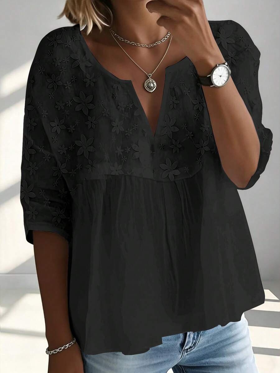 SHEIN 大码休闲宽松纯色夏季女式衬衫 - 黑色 - 查看 1