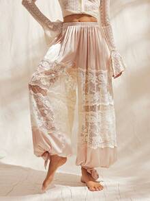 Easelle 复古蕾丝拼接镂空透视浪漫女士长裤 - 杏色 - 查看 7