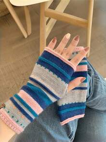 Joivida 1PAIR Women Half Finger Gloves Color Block Stripe Design Elastic Warm Soft Winter Gloves With Finger Visibility For Outdoor Activities Running Hiking Cycling Cold Weather Fashion Accessories Gift - Multicolor - View 9