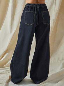 Vixey High Waist Wide Leg Denim Pants With Elastic Waistband - Dark Wash - View 5