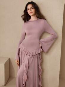 Graceveil 优雅女士纯色荷叶边下摆休闲简约长袖收腰连衣裙，粉色 - 粉色 - 查看 9