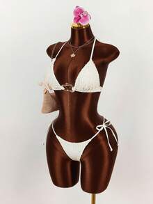 Amplova Conjunto de biquíni feminino sexy com decote profundo, 3 peças - Top, calcinha e saída de praia. - Damasco - Ver 6