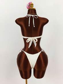 Amplova Conjunto de biquíni feminino sexy com decote profundo, 3 peças - Top, calcinha e saída de praia. - Damasco - Ver 8