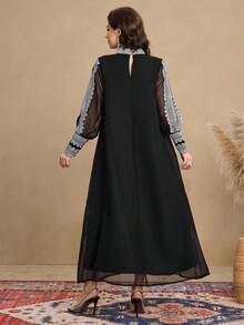 SHEIN Najma Elegant Floral Lace Trim Sleeve Split Hem Women Dress Kaftan Jalabiya Dress - Black - View 2