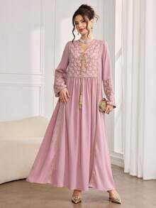 Al Najma 女士复古休闲日常V领系带流苏连衣裙 - 粉色 - 查看 4