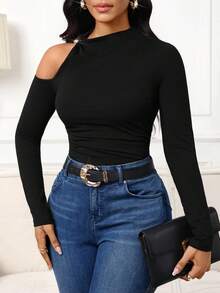 SHEIN Lady Women's Fashionable Off-Shoulder Solid Color T-Shirt, Suitable For Commuting, Autumn Black Tops Women Long Sleeve Tops One Shoulder Top Fitted Tops Women Sexy Black Tops - Black - View 8