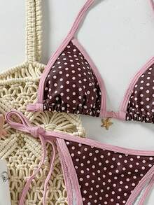 Swim Mod Women's Random Print Halter Metal Decor Bikini Set, Spring/Summer - Multicolor - View 3