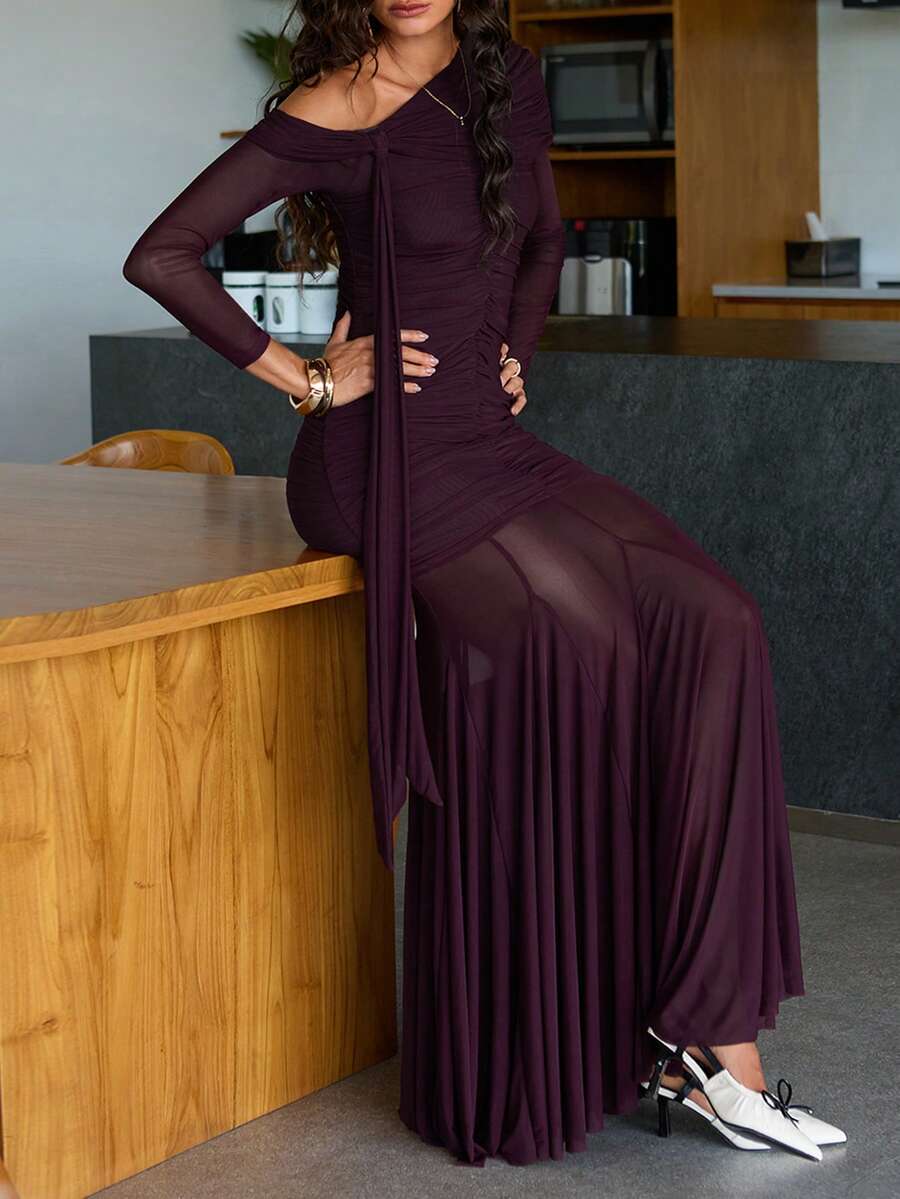 Opulessa Women's Solid Color Asymmetric Neckline Fitted Long Sleeve Dress, Christmas Party, Elegant New Year's Eve Outfits, Winter Going Out Outfits Burgundy - Brown - View 1