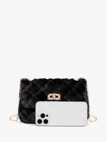 SHEIN BAE Furry Material Crossbody Bag, Women's New Versatile Chain Shoulder Bag, Furry Fluffy Lock Small Square Bag, Perfectly Matching With Fall Outfits Women