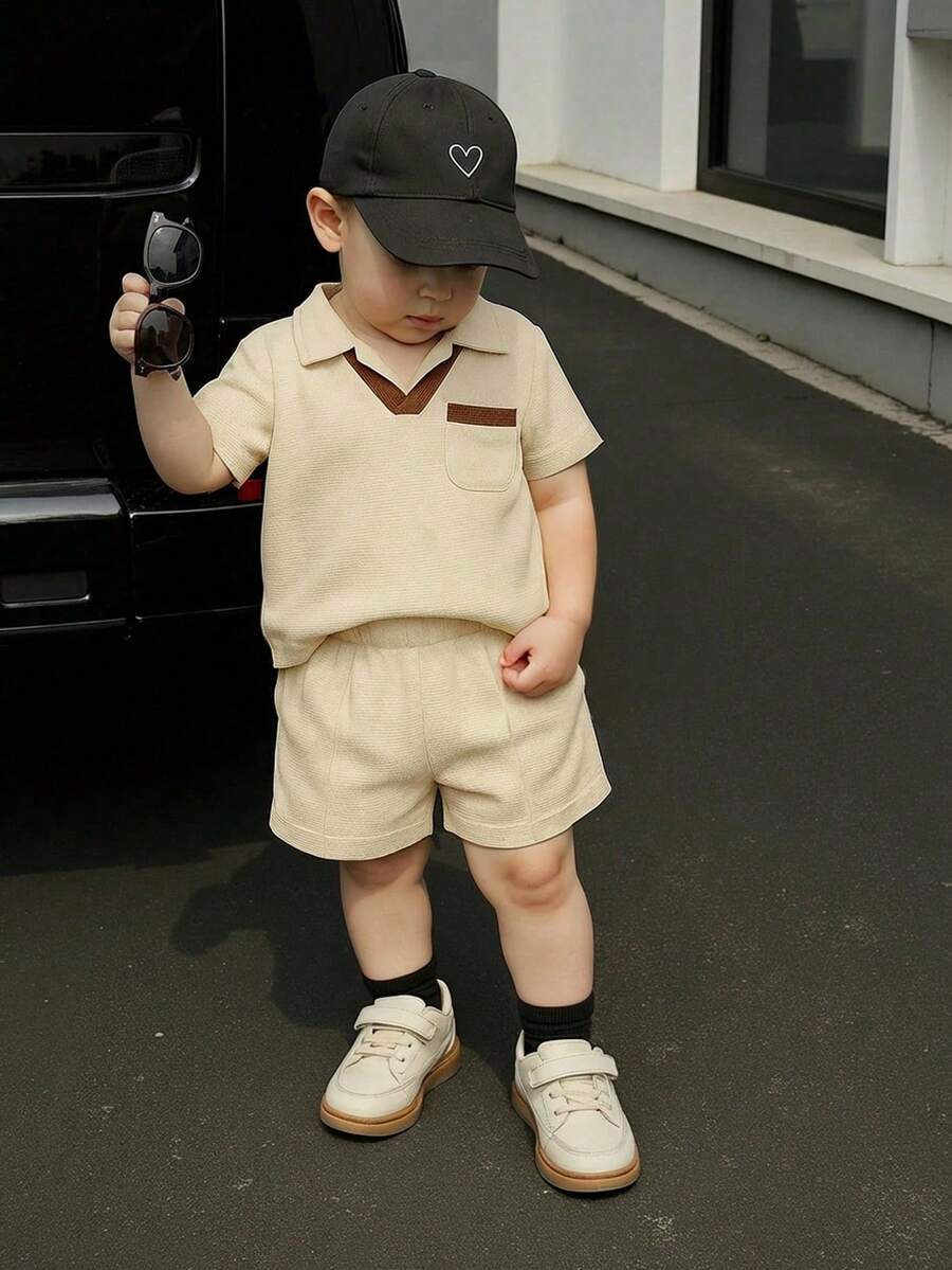 SHEIN Playful Pals 2pcs/Set Toddler Boys' Fashionable & Comfortable Polo Shirt And Casual Shorts Set, Suitable For Daily Outings And VacatiBaby Boyren's Outfit, Summer