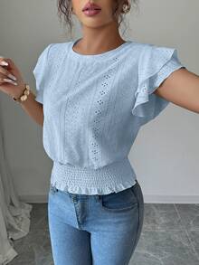 Elenzga Women's Summer Casual Vacation Jacquard Round Neck Ruffle Sleeve T-Shirt - Baby Blue - View 7