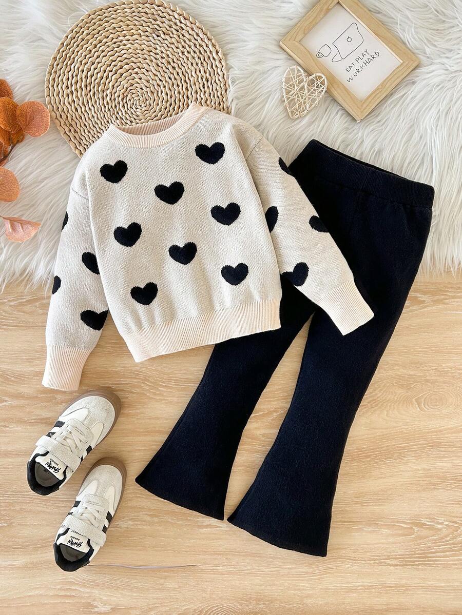 THE HAPPY LOOK 2pcs Young Girl Heart Pattern Knitted Soft Sweater And Elastic Waist Pants Set