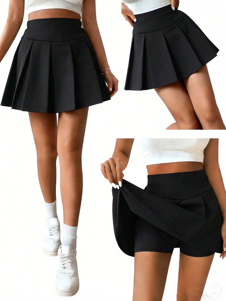 SHEIN 女童休闲运动百褶短裙,百搭运动休闲裙裤,适合上学、健身、芭蕾舞等场合,可搭配T恤、背心、短袖衬衫,黑色针织裙,四季皆宜 - 黑色 - 查看 1