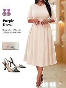 SHEIN Lady 大码女式优雅夏季冬季紫色针织圆领飘逸长袖连衣裙，适合化装舞会、舞会等场合，白色长袖连衣裙，情人节服装，情人节礼物 - 卡其色 - 查看 5