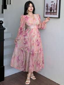 DAZY 女士V领印花连衣裙，优雅长款连衣裙 - 粉色 - 查看 4